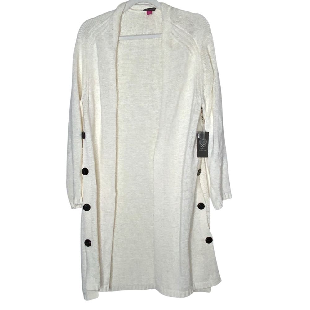 Vince Camuto cream color open front sweater with side buttons. Size M NWT - Picture 2 of 6